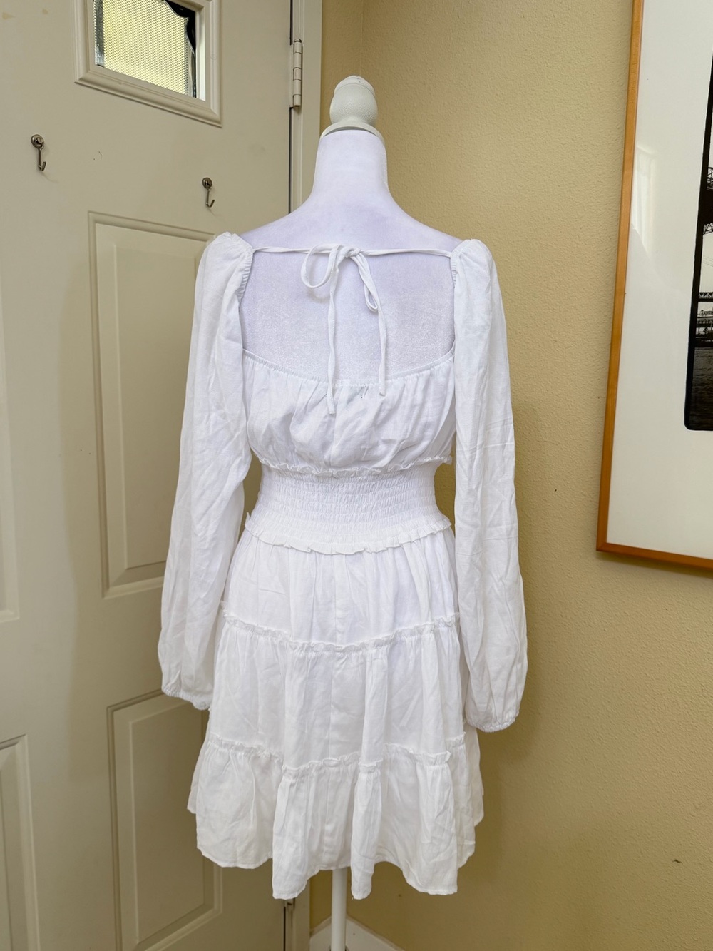 Trixxi White Long-Sleeve Smocked Waist Tiered Dress Size Large - Picture 2 of 6